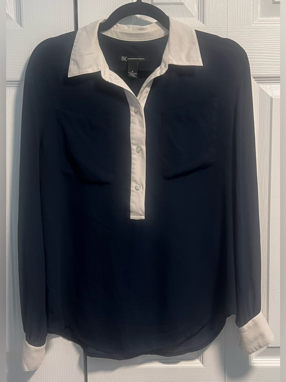INC International Concepts Navy and White Contrast Collar Blouse